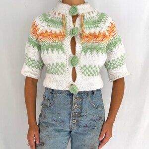vintage multicolor thick hand knit granny button up cropped cardigan sweater